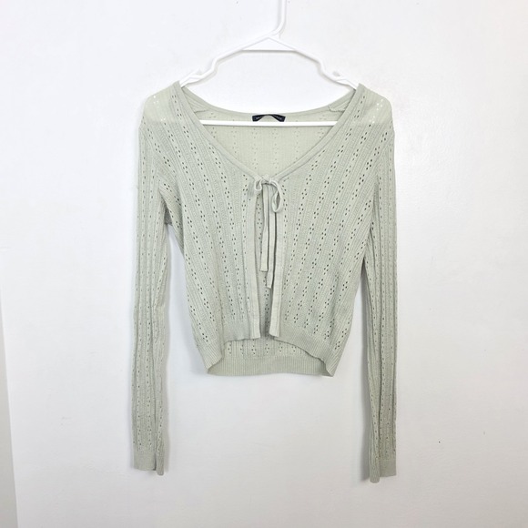 Brandy Melville Pastel Green Dainty Eyelet Open Knit Front Tie Cardigan Size M - Picture 2 of 8
